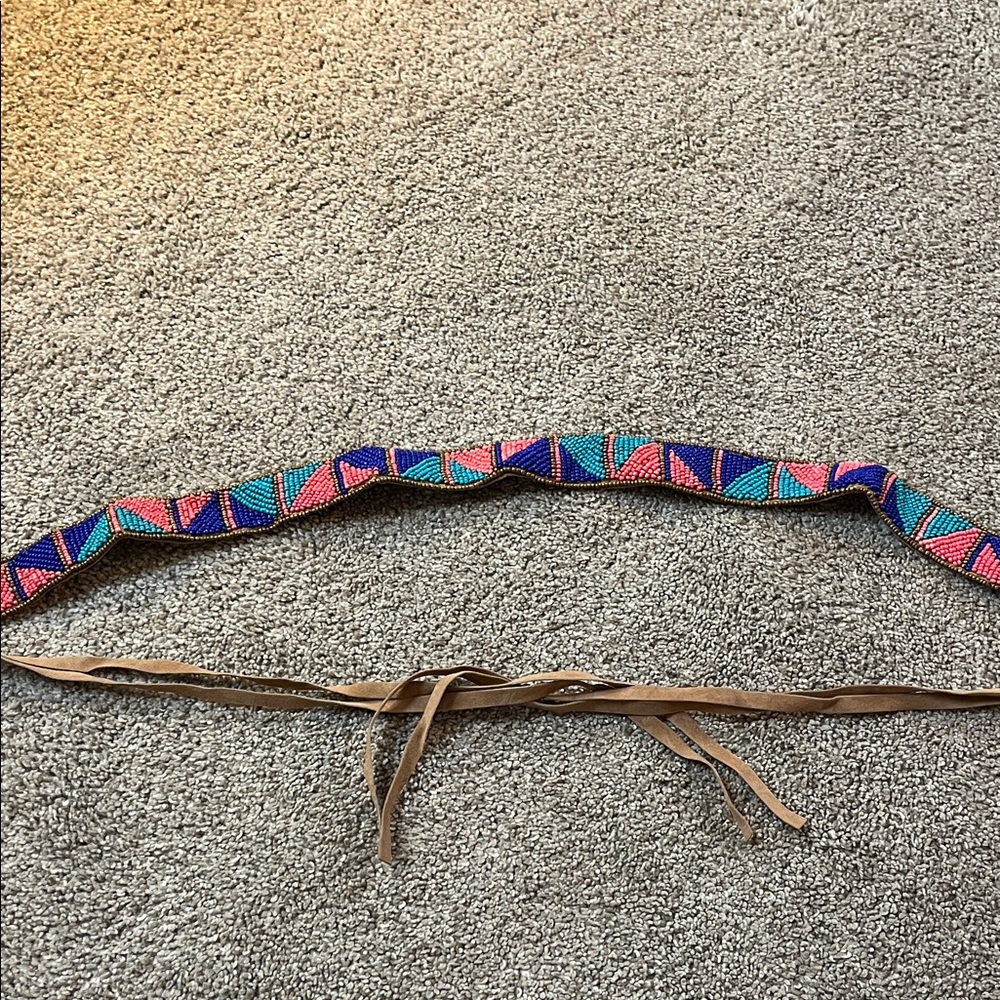 Vegan Leather Vibrant Turquoise Navy Coral and Bronze Beaded tie belt 64 inches - Picture 2 of 16